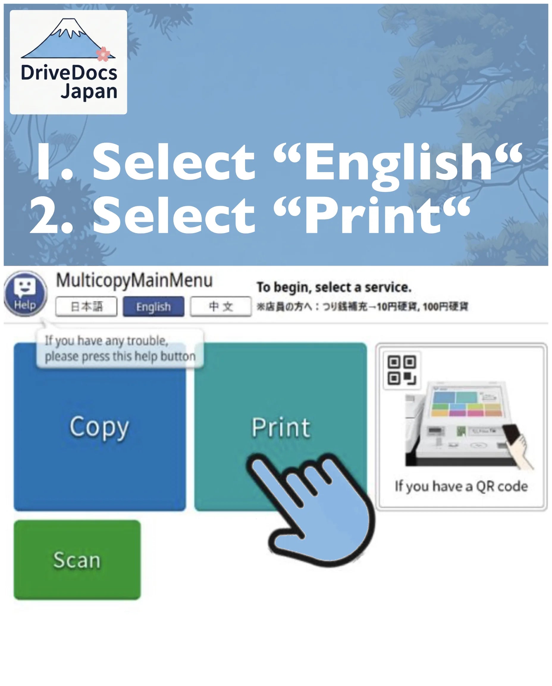 Touchscreen-Menü am Drucker: Auswahl der Sprache 'Englisch' und 'Print', um die japanische Führerscheinübersetzung abzurufen.
