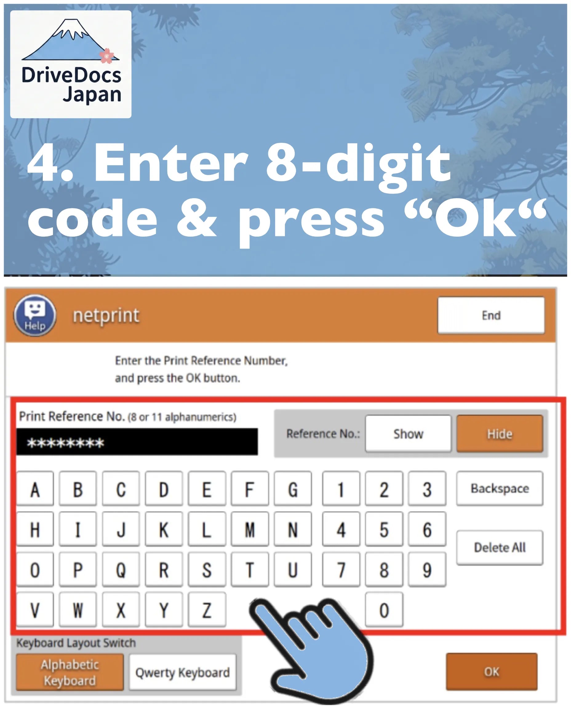Eingabe des persönlichen Druckcodes (User Number) am Terminal. Dieser Code wird von DriveDocs vor der Japan-Reise per E-Mail bereitgestellt.