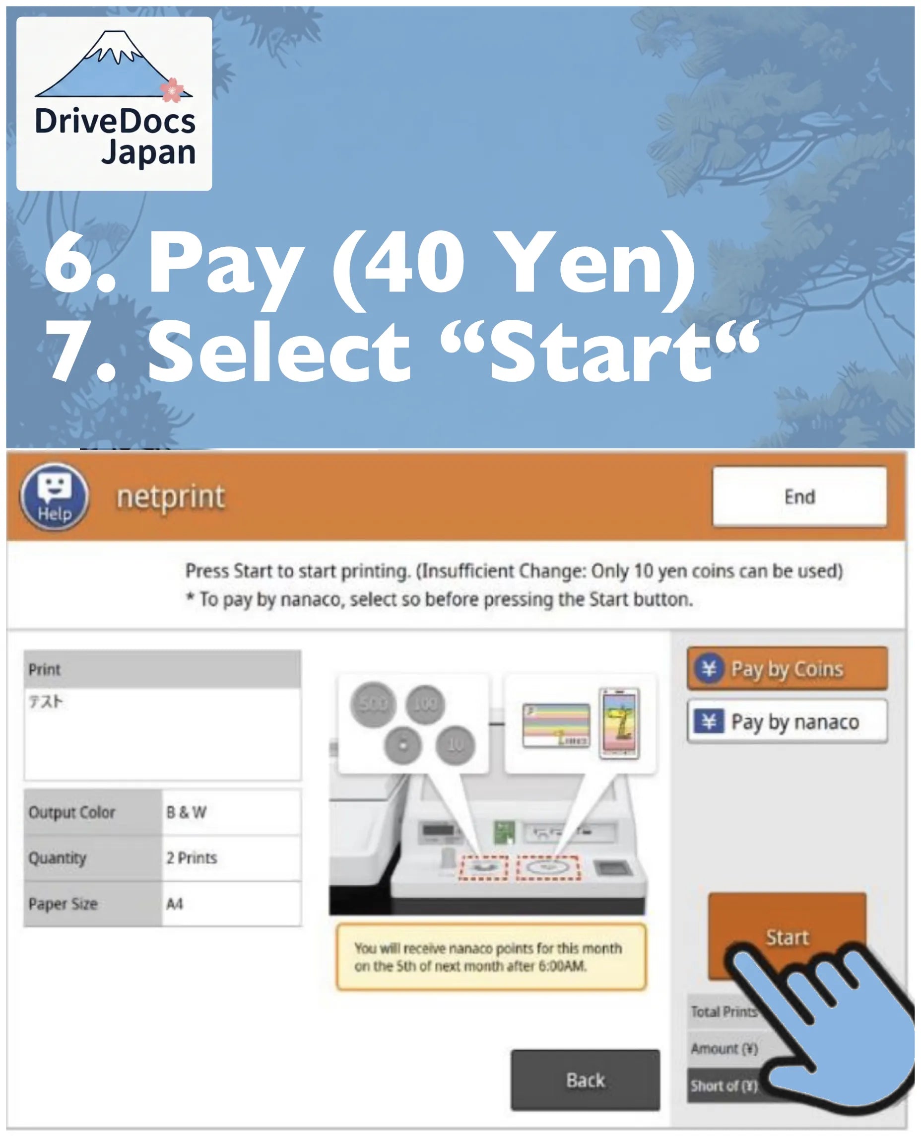 Bezahlung der amtlichen JAF-Gebühr von 40 Yen direkt am Münzeinwurf des Druckers. Akzeptiert werden Bargeld und oft IC-Cards.